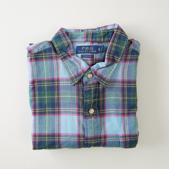 Polo Ralph Lauren Whitfield Elbow Patch Shirt Classic Fit Plaid Blue Men Sz XL - Picture 12 of 14